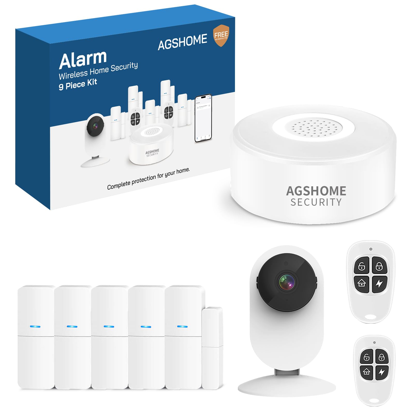 AGSHOME WLAN Alarmanlage Haus 9-teilig mit Kamera, Smart Life App Steuerung, 120dB Sirene, 5 Tür/Fenster Sensoren, 2 Fernbedienungen, Erweiterbares Sicherheitssystem für Wohnung, Garage, Büro