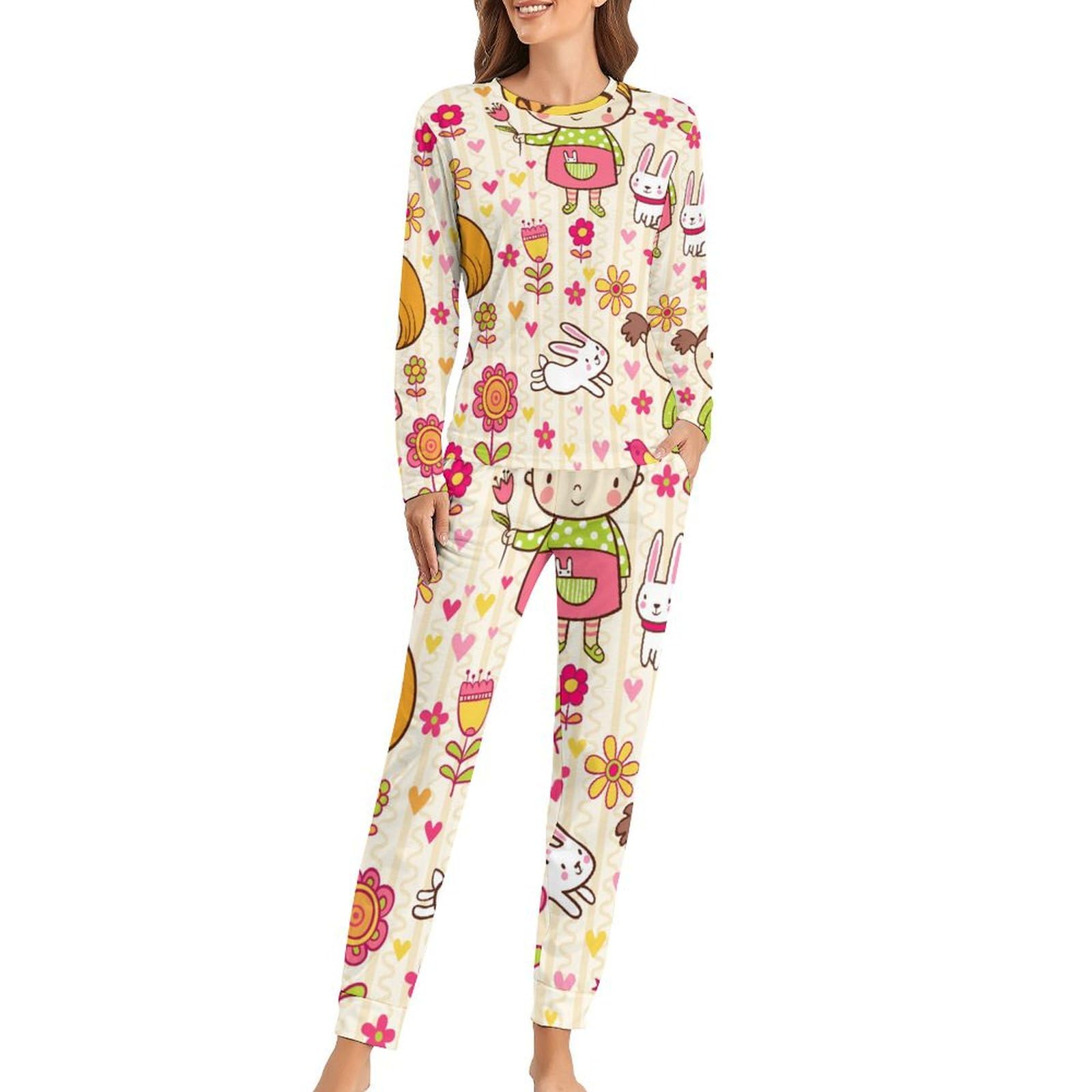 Niedliches Mädchen Damen Schlafanzug Lange Pyjama Set Zweiteiliger Nachtwäsche Langarm Hausanzug Sleepwear
