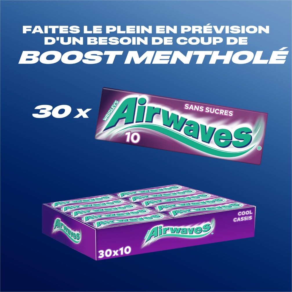 AIRWAVES - Chewing Gum Sans Sucre - Goût Cassis - Fraîcheur Mentholée - Grand format - 30 Paquets de 10 Dragées - Grand Format de 300 Dragées - 420g