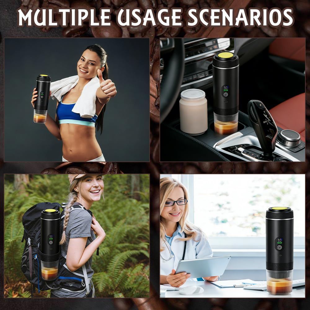Macchina Caffe Portatile, 3 In 1 Macchina da Caffè Espresso Elettrica Portatile, 5 Minuti Auto-Riscaldamento, con USB-C, Compatibile con Caffè Macinato e Capsule, per Campeggio, Ufficio, Auto