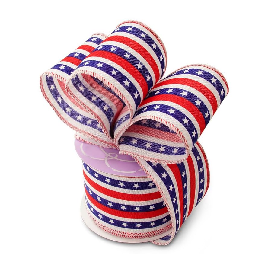 Image of Stars and Stripes Patriotic Ribbon - 2 1 /2 inch x 10 Yards, American Flag Wired Ribbon, Veterans Day, 4th of July, Memorial Day, DIY Crafts, USA, Election Day, USA Decorations