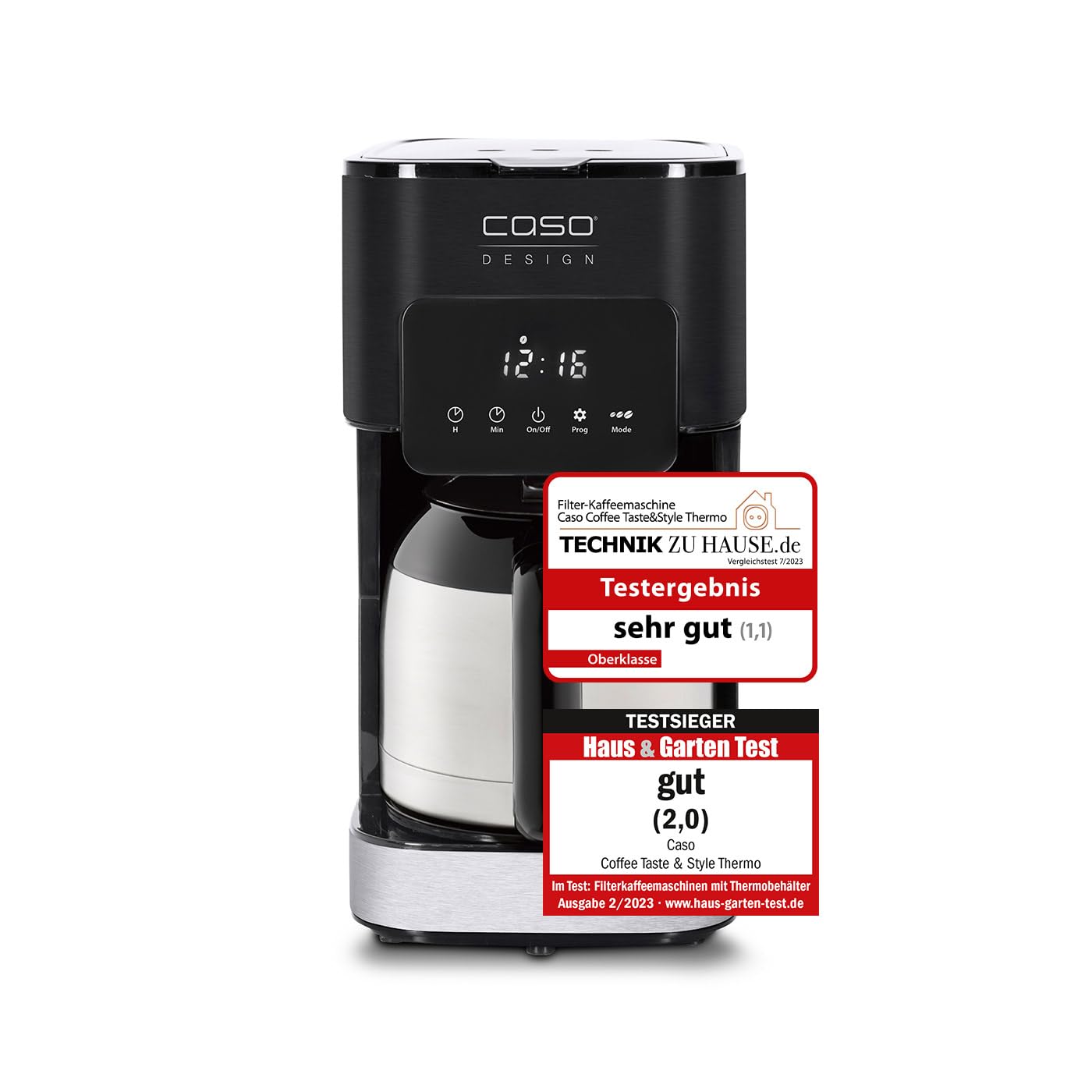 Caso Coffee Taste and Style Thermo - Kaffeemaschine mit Permanentfilter | 1,2 l, optimale Brühtemperatur 92-96 °C, Tropf-Stopp, optimierter Brühkopf, Isolierkanne, Edelstahl, Schwarz, 10 Tassen