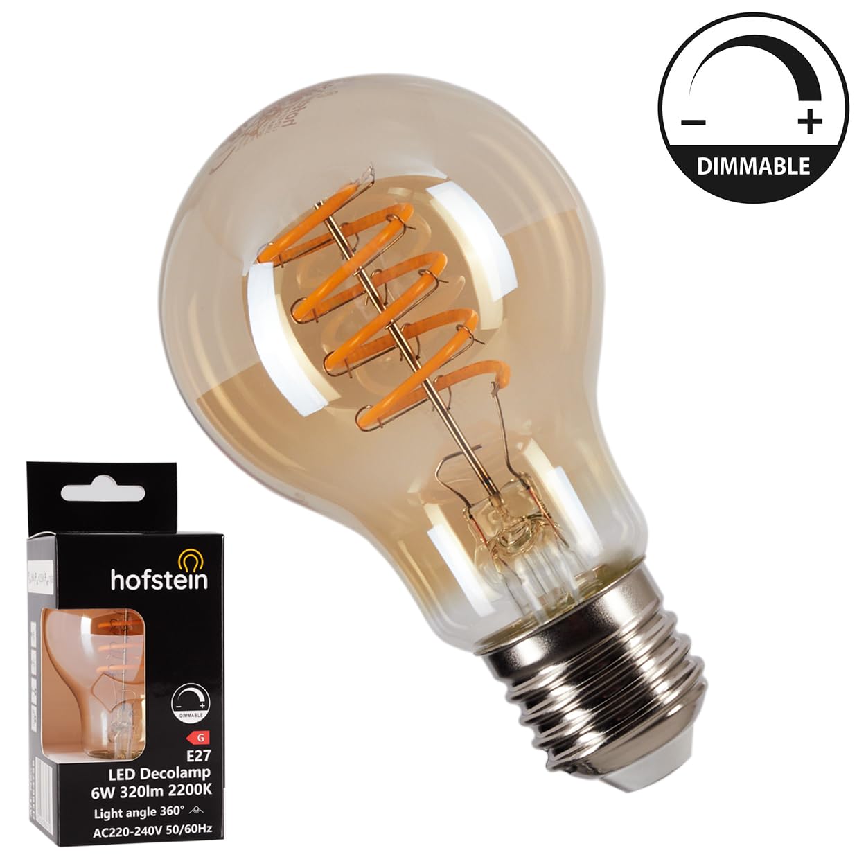 HOFSTEIN E27 LED Warmweiss Glühbirne Vintage Leuchtmittel 10er Set 6 Watt, 2200 K, 320 Lumen, Dimmbar, A60, Kugelform Bernsteinoptik kleine energiesparende Glühlampe für Wohnraumbeleuchtung