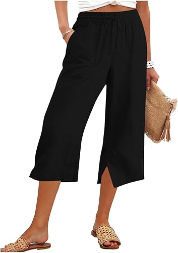 FPMLUXLL Capri Pants for Women Cotton Linen Flowy Wide Leg Pants High Waisted Su