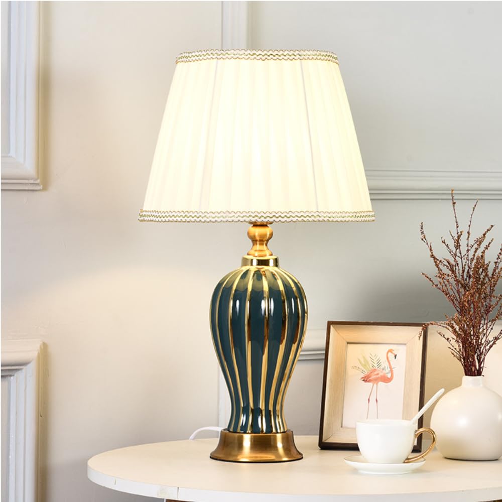 XINYASEE Lampade da tavolo in ceramica, lampada da comodino E27 moderna e tradizionale, lampade decorativa con paralume in tessuto per la decorazione di hotel, camere da letto e salotti (Verde)