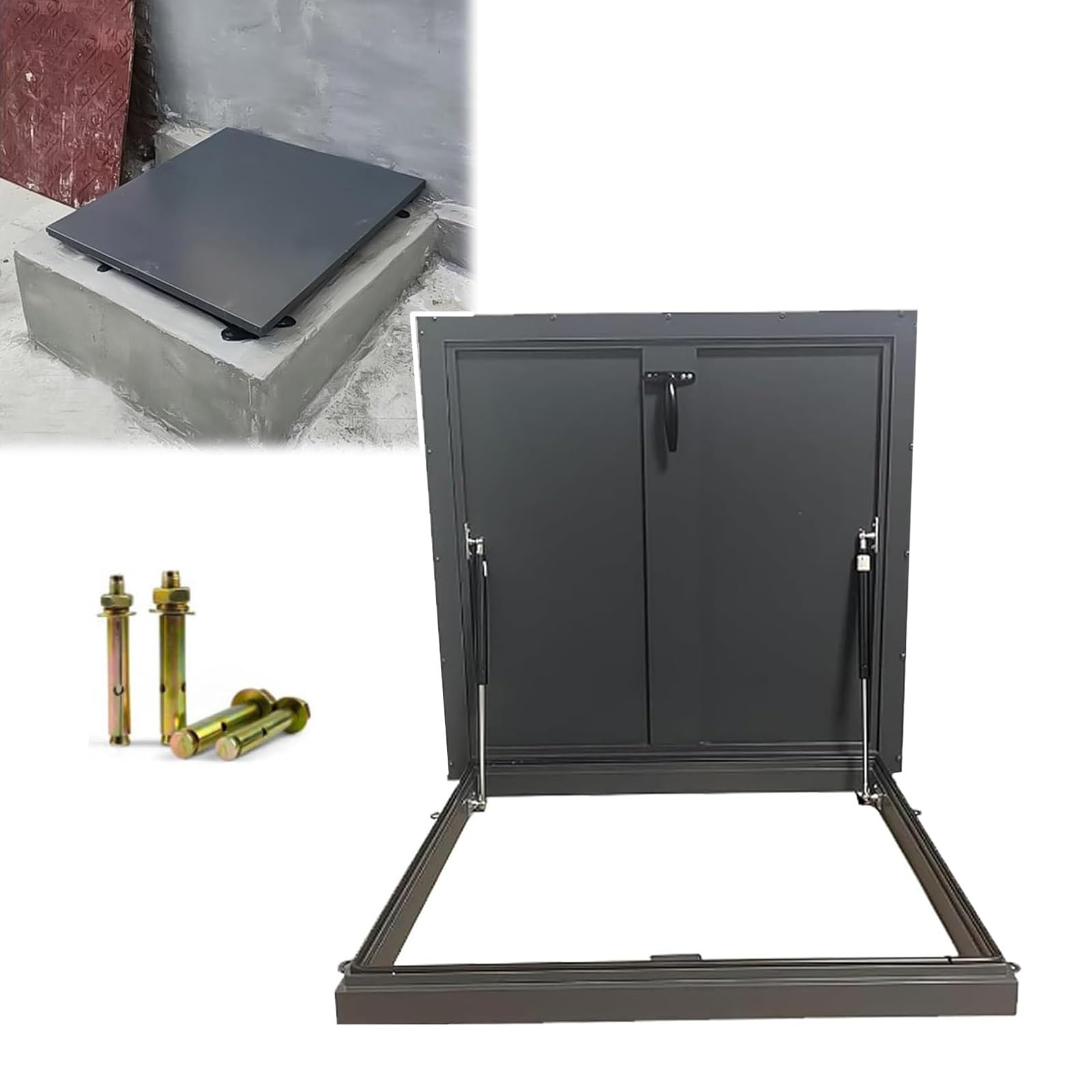 Klapa poddasza ze stali ocynkowanej – zamykane czarne aluminiowe drzwi wejściowe 65 x 70 cm (26 x 28 cali) z uchwytem i gumową uszczelką odporna na warunki atmosferyczne osłona wentylacyjna piwnicy