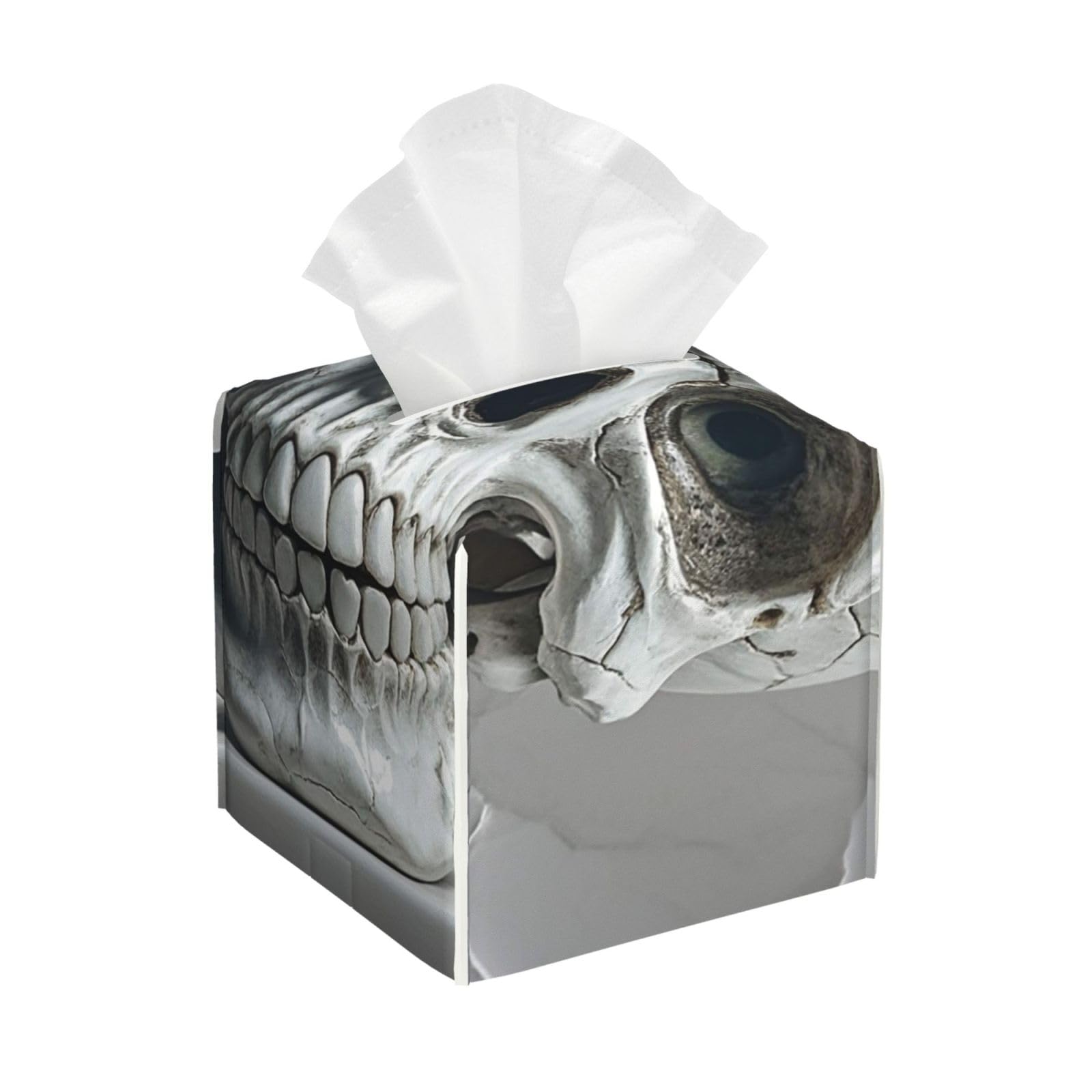 Pu Leather Cube Tissue Box Holders Modern Waterproof Square Tissue Box Cover White and Gray Skull Graphics Facial Paper Holder for Bathroom Kitchen Nightstand Office Home Decor