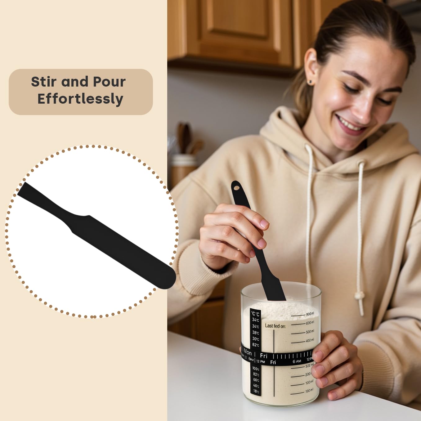 SoLuna. Kit per principianti di pasta madre da 1 litro/1000 ml [vetro di alta qualità] – Grande barattolo per pasta madre in borosilicato, fascia per l'alimentazione della data, termometro/spatola