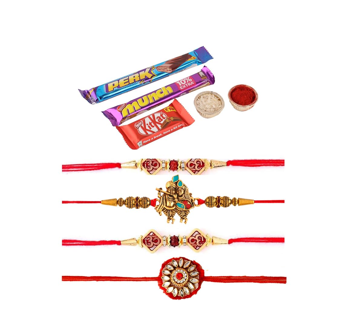 Collectible India Rakhi Gift for Brother With chocolate Gift combo, Rakhis Set of 4 for Bhaiy Bhai Bhabhi Kids Gift Hamper Krishna Om Rudraksh for brother, Greeting Card, Tilak Set