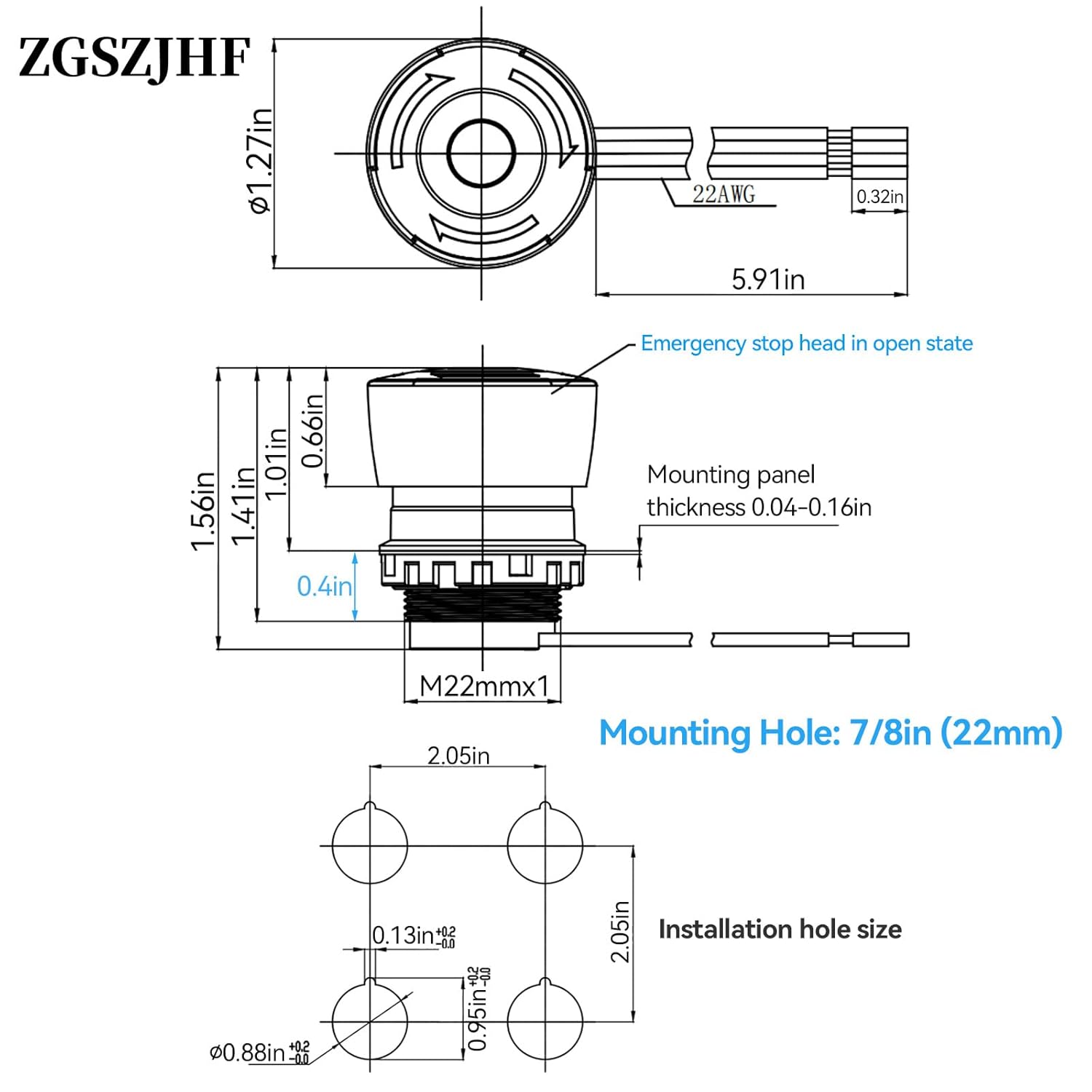 Ultra-Short 22mm Emergency Stop Switch with Wire 2NC 4Pin 2-Way; 7/8" Hole; IP65 Waterproof; 5 Amp 250VAC; 14mm Behind the Panel Space-Saving