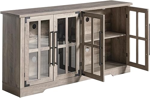 Miniatura 3 de Aparador de buffet de 63 pulgadas con almacenamiento, gabinete moderno de granja con 4 puertas de vidrio y estante ajustable, armario de mesa de