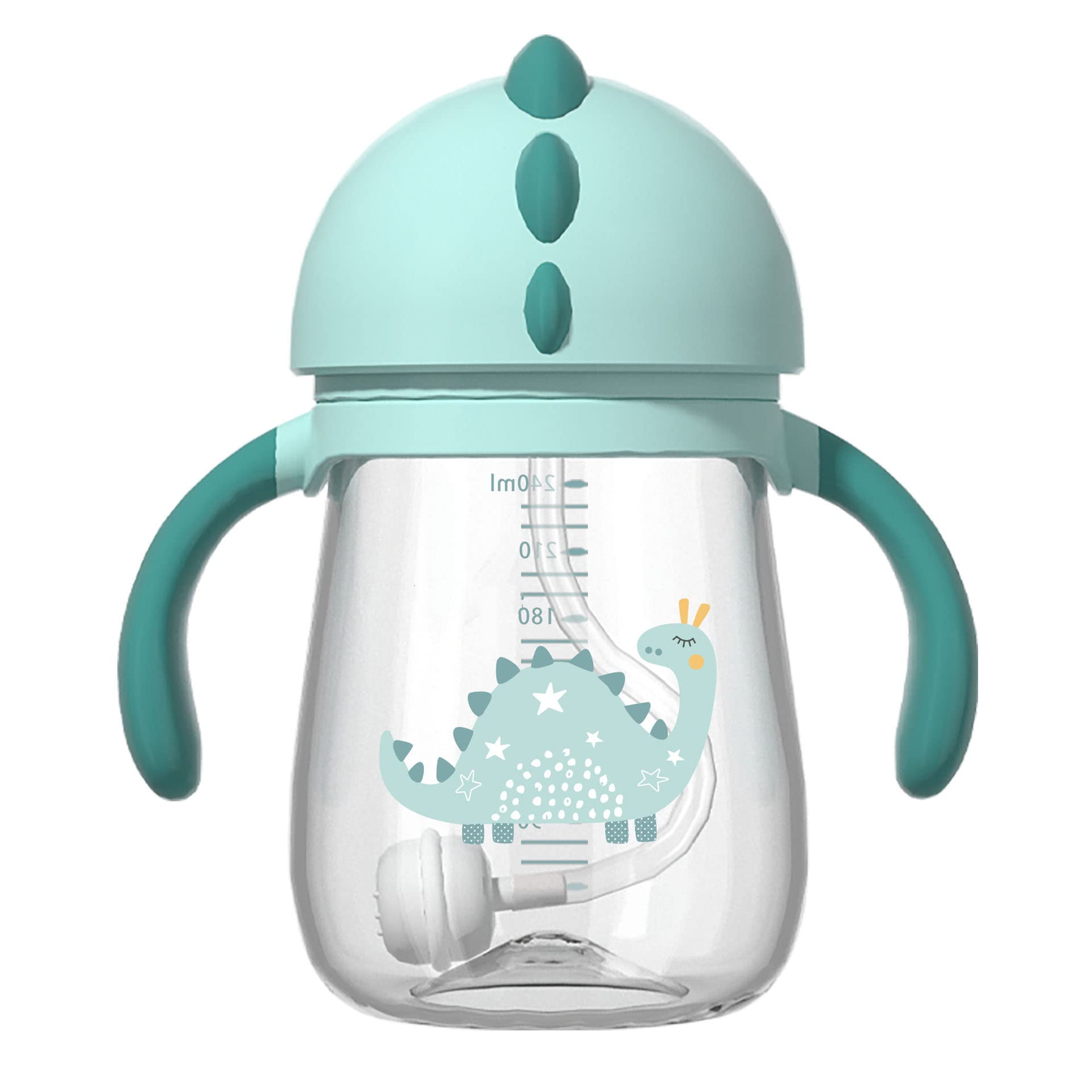 Sippy Cup for 8+ Months Baby, 240ML Dinosaur Toddler Sippy Weighted Straw Cup, Easy Grip Handles, Baby Water Bottle with Flip-Top Lid, Spill-Free Trainer Cup for kids Independent Drinking (Green)