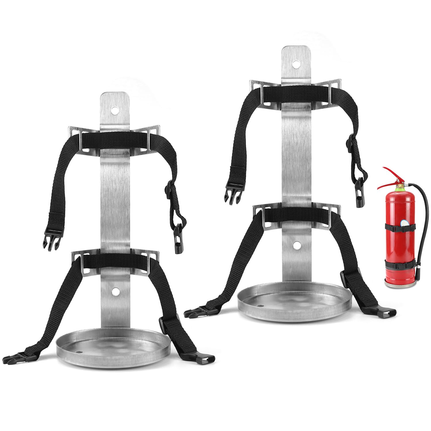 QWORK Paquete de 2 soportes de metal para extintor de incendios, soporte de pared de acero inoxidable resistente compatible con extintores de incendios de 6 a 9 libras, correas ajustables, para el