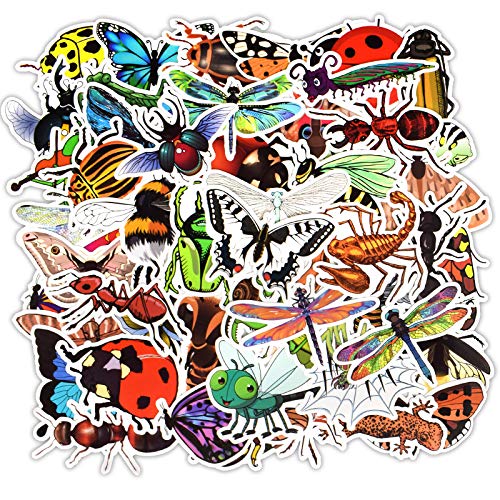50pcs Natural Insect Stickers Water Bottle Hydroflask Skateboard Laptop Computer Waterproof Butterfly Bee Beetle Dragonfly Bug Vinyl Sticker Pack Decal for Kids Teens Boy Girls