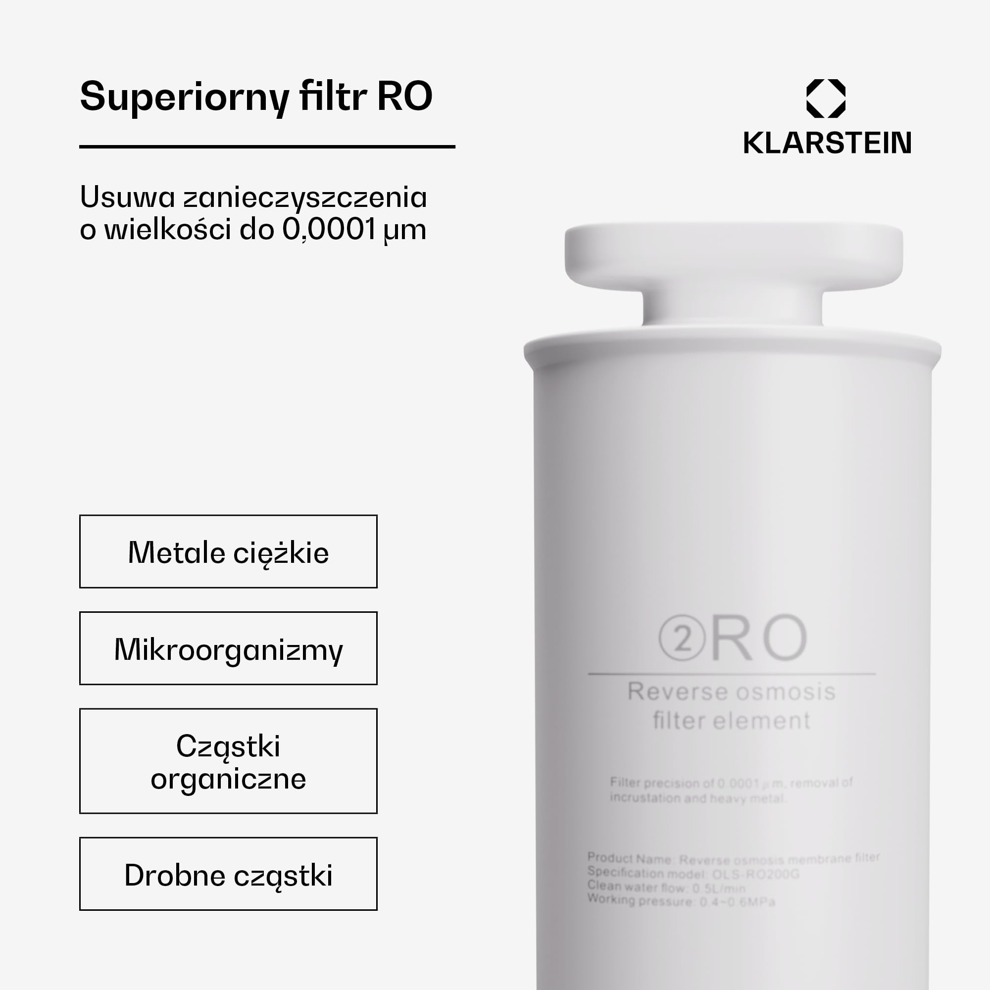 Klarstein Filtr odwróconej osmozy, filtr RO do wody wodociągowej, kompatybilny z AquaFina 6L, akcesoria do instalacji odwróconej osmozy, filtr membranowy RO, okres użytkowania 24 miesiące, 1 x blat
