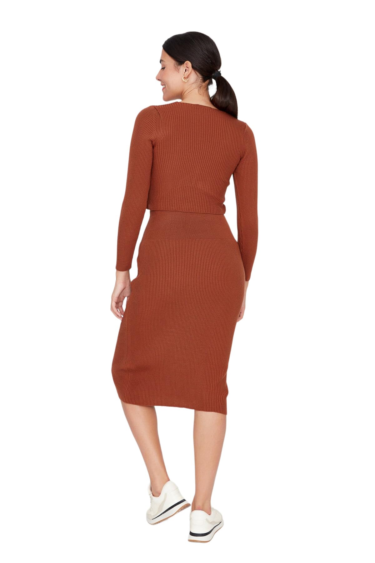 Trendyol Damska sukienka z dzianiny Midi Bodycon, Brązowy, S