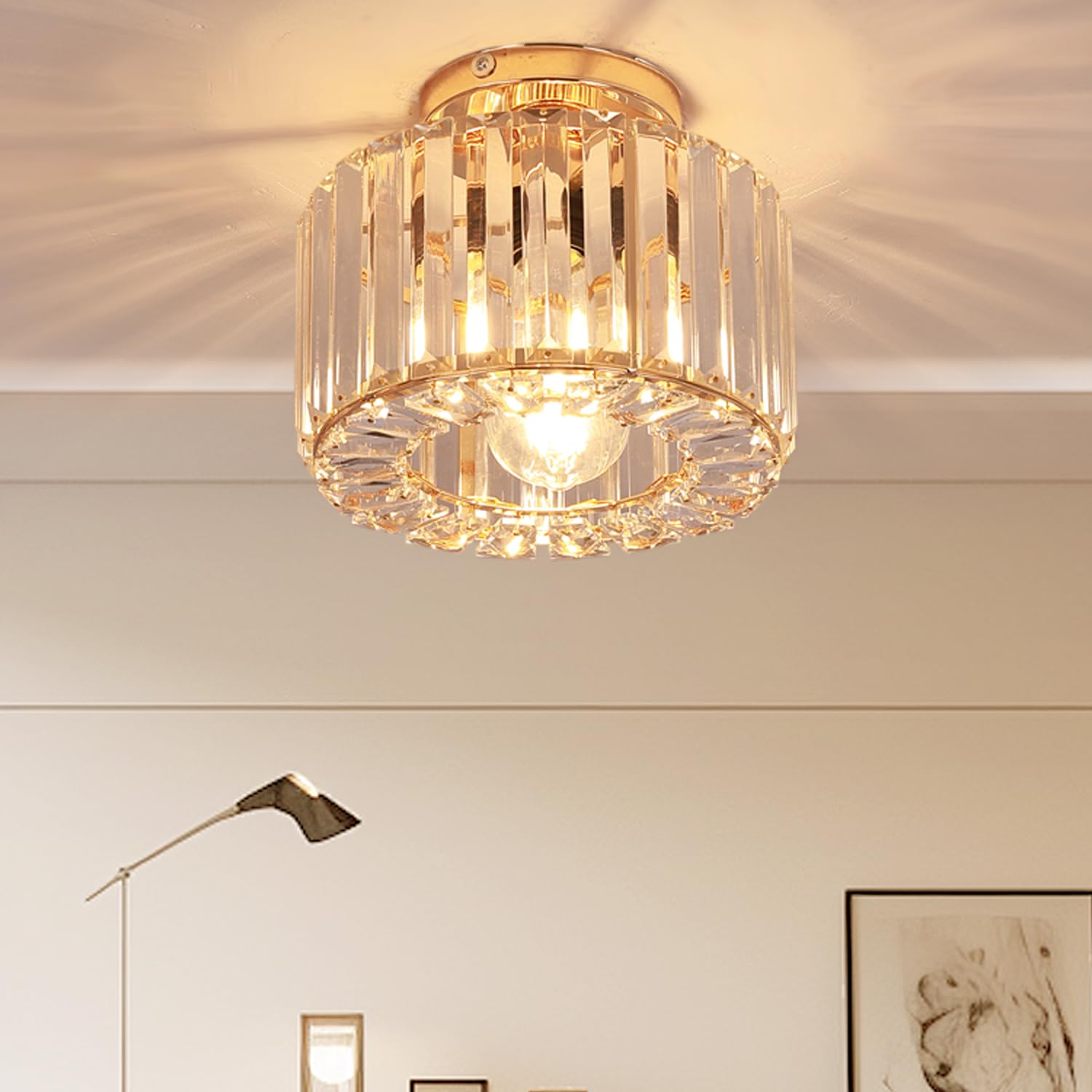 Crystal Ceiling Light Fixture Modern Semi Flush Mount Light Gold Lighting Fixtures Ceiling Lamp for Hallway Kitchen Entryway