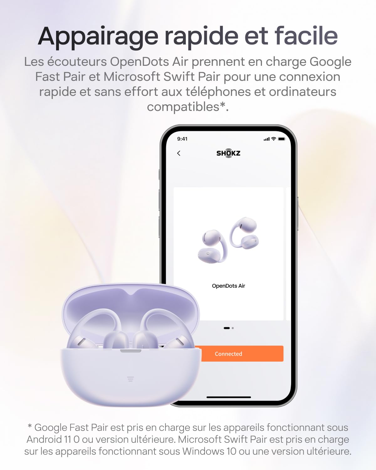 SHOKZ OpenDots Air Écouteurs sans Fil Clip-on à Oreilles Libres, 6,3 g, Maintien Sécurisé, Bluetooth 6.1, Basses Profondes, 36 h d'autonomie, Appels avec Réduction du Bruit par IA, IP55, Violet