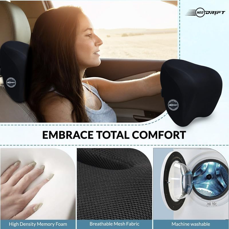 Image of Neodrift CurveNeck Pro Set of 2 Black Velvet Memory Foam Orthopedic Neck Rest Cushion Pillow for Neck Head Shoulder Support Pain Relief Car Headrest