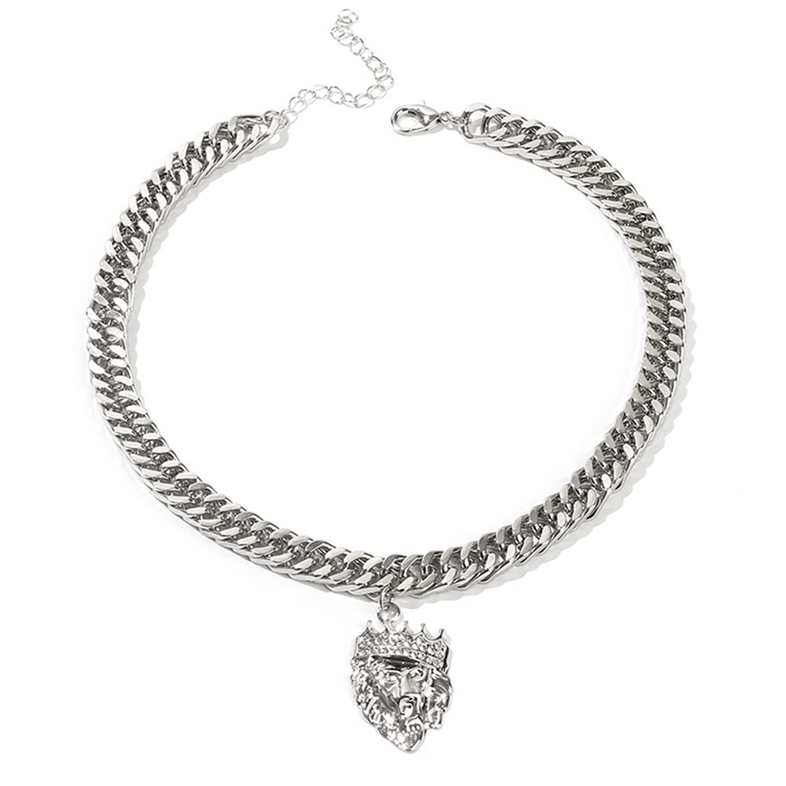 Inateannal Collar de cadena de eslabones cubanos punk Gargantilla Corona León Collar colgante Cadena gruesa de plata Collar llamativo Joyería de hip hop para mujeres Hombres
