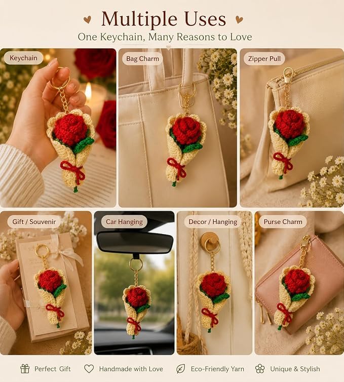 Image of Handmade Crochet Keychain Combo for Girls Women Cute Aesthetic Sunflower Strawberry Watermelon Daisy Knitted Keychain Bag Charm Purse Charm Car Key Ring Backpack Accessories Gift
