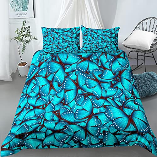 ZZXHG Parure de lit 240 x 260 Adulte Le Papillon Bleu, Housse de Couette 2 Personnes en Microfibre Douce, 3 Pièces Ensemble de Literie avec Fermeture Éclair et 2 Taie d'oreiller 65x65 cm Cover