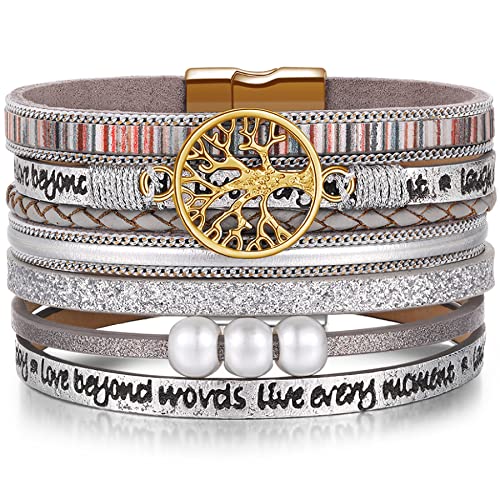 Desimtion Silver Leather Wrap Bracelet for Women Girls Boho Wide Layered Gold Tree of Life Bracelets Easter Christmas Birthday Jewelry Gifts for Teen Teenage Girls, Leather, no gemstone