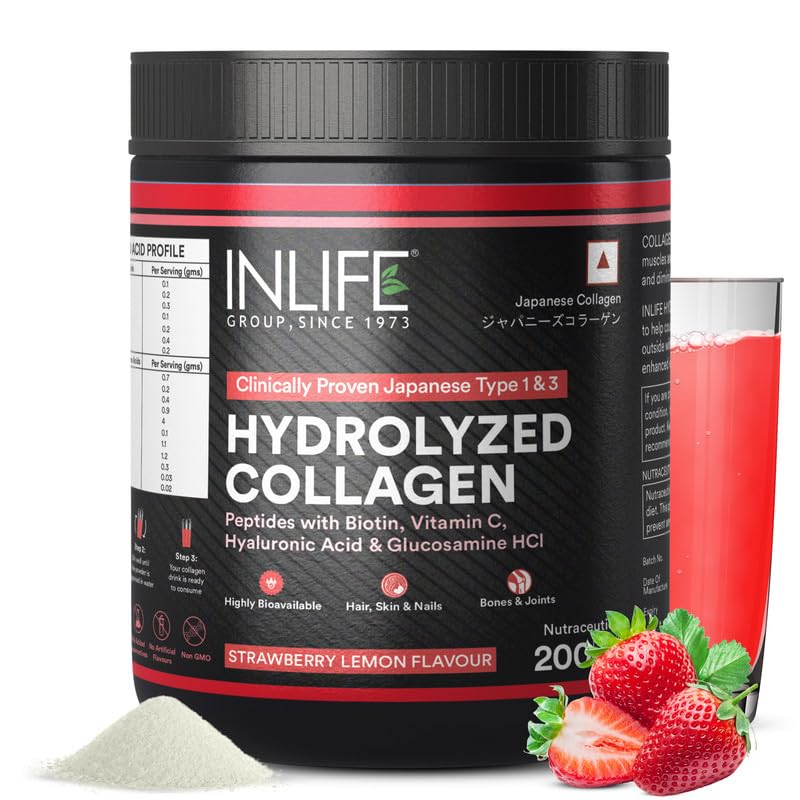 Image of INLIFE Japanese Collagen Powder | Hydrolyzed Collagen with Biotin & Hyaluronic Acid |With Clinically Proven Ingredients (Strawberry, 200g)