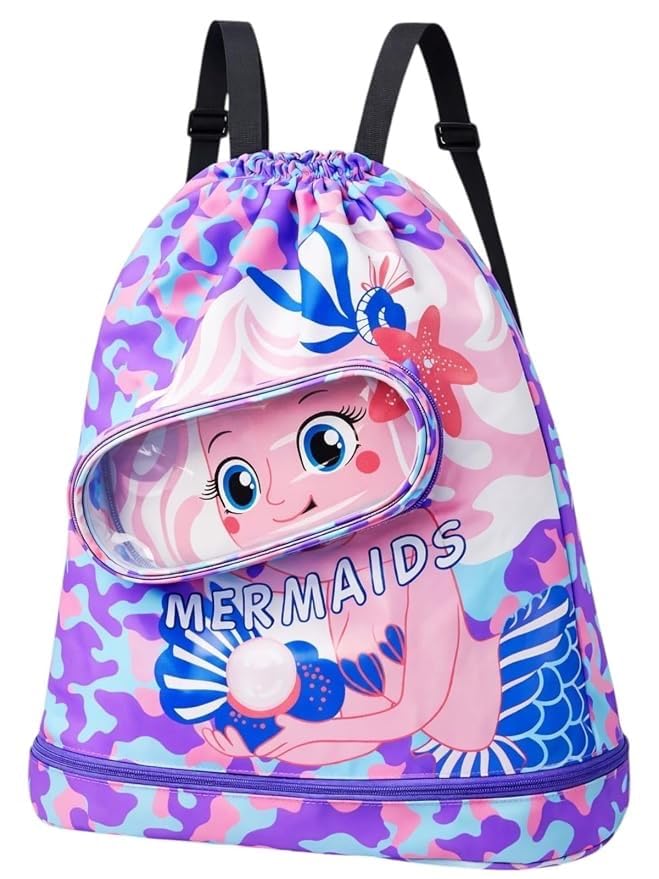 Children's Swimming Bag Dry And Wet Separation Waterproof Drawstring Backpack, with Shoe Compartment Cartoon Print Polyester Backpack Kids Travel Activitiy, Multicolour (Pack of 1Pcs)-image-16