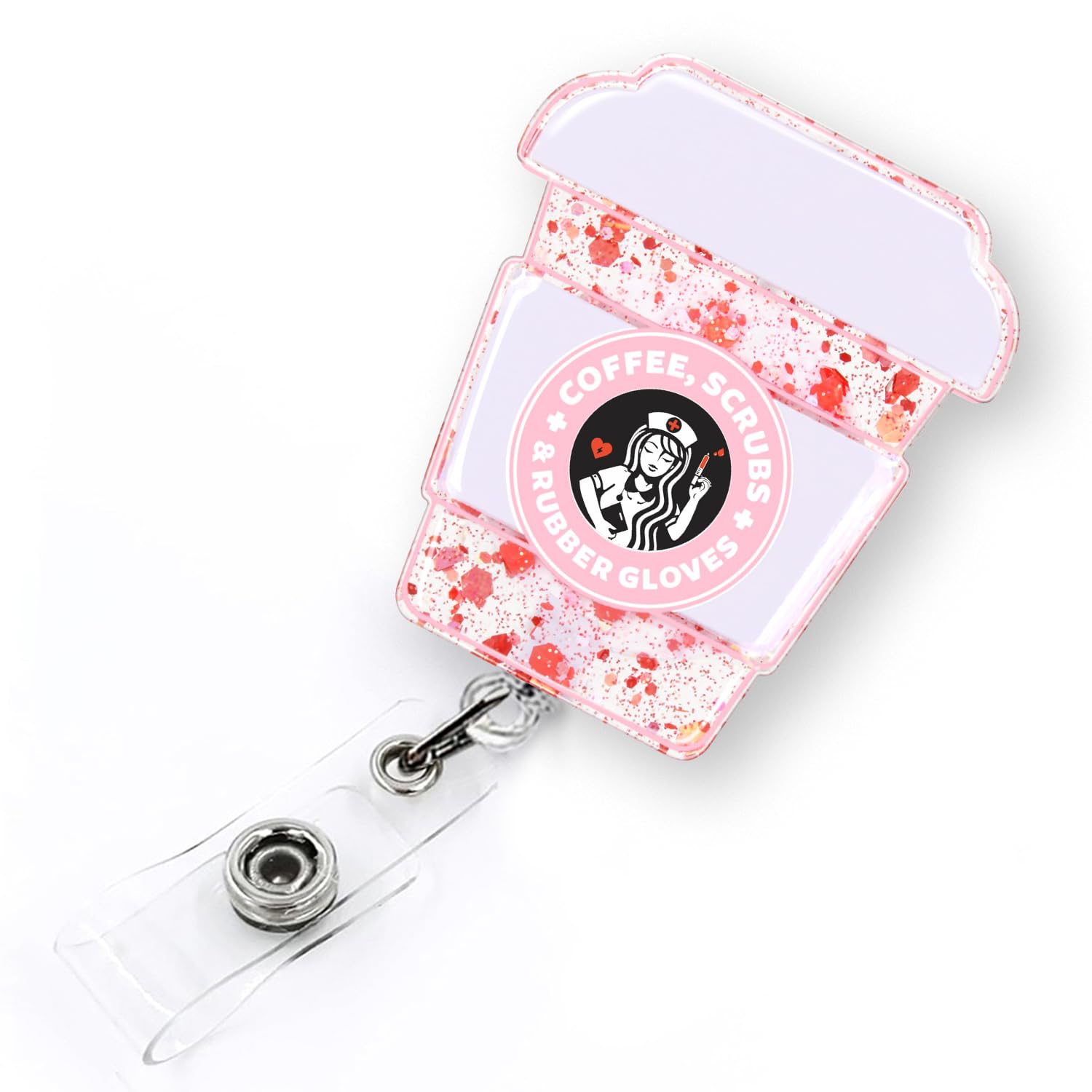 Pink Coffee Cup Badge Reel Retractable for Nurse Nursing RN CNA LPN & Medical Assistant, Coffee Scrubs and Rubber Gloves Badge Reel, ID Name Badge Holder with Alligator Clip & 24” Durable Nylon Cord — image 1