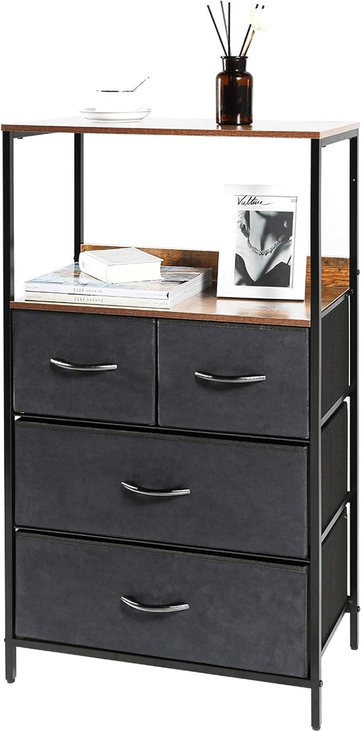 Kamiler Rustic 4 Drawers Dresser with Shelves, Closet Storage Organizer,Versatile Cabinet for Bedroom, Living Room, Hallway, Hotel,Sturdy Steel Frame, Wood Shelf,Removable Fabric Bins