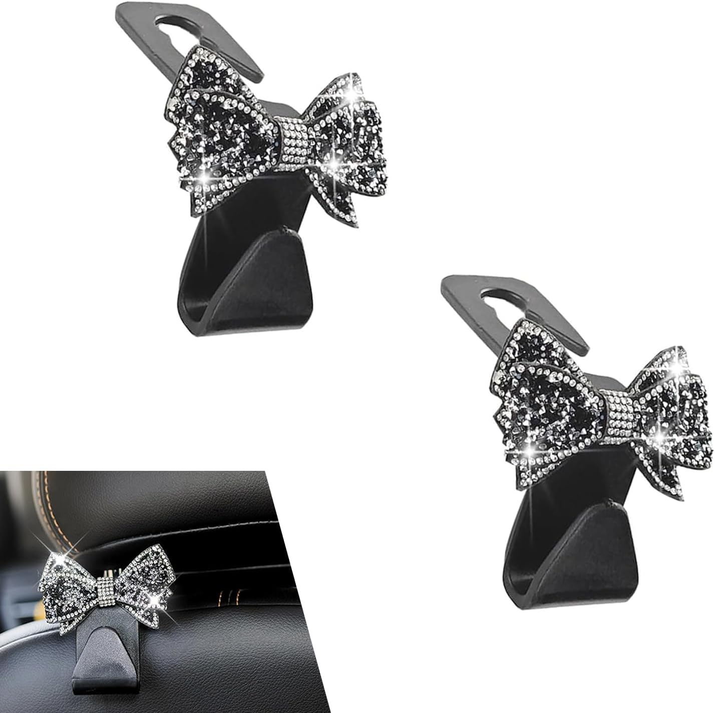 WZP 2PCS Bling Car Seat Headrest Hooks, Cute Bow Crystal Rhinestone Auto Purse Hook, Backseat Storage Hooks for Purse Bag Umbrella, Universal Car Interior Decor Accessories for SUV, Sedan (Black)
