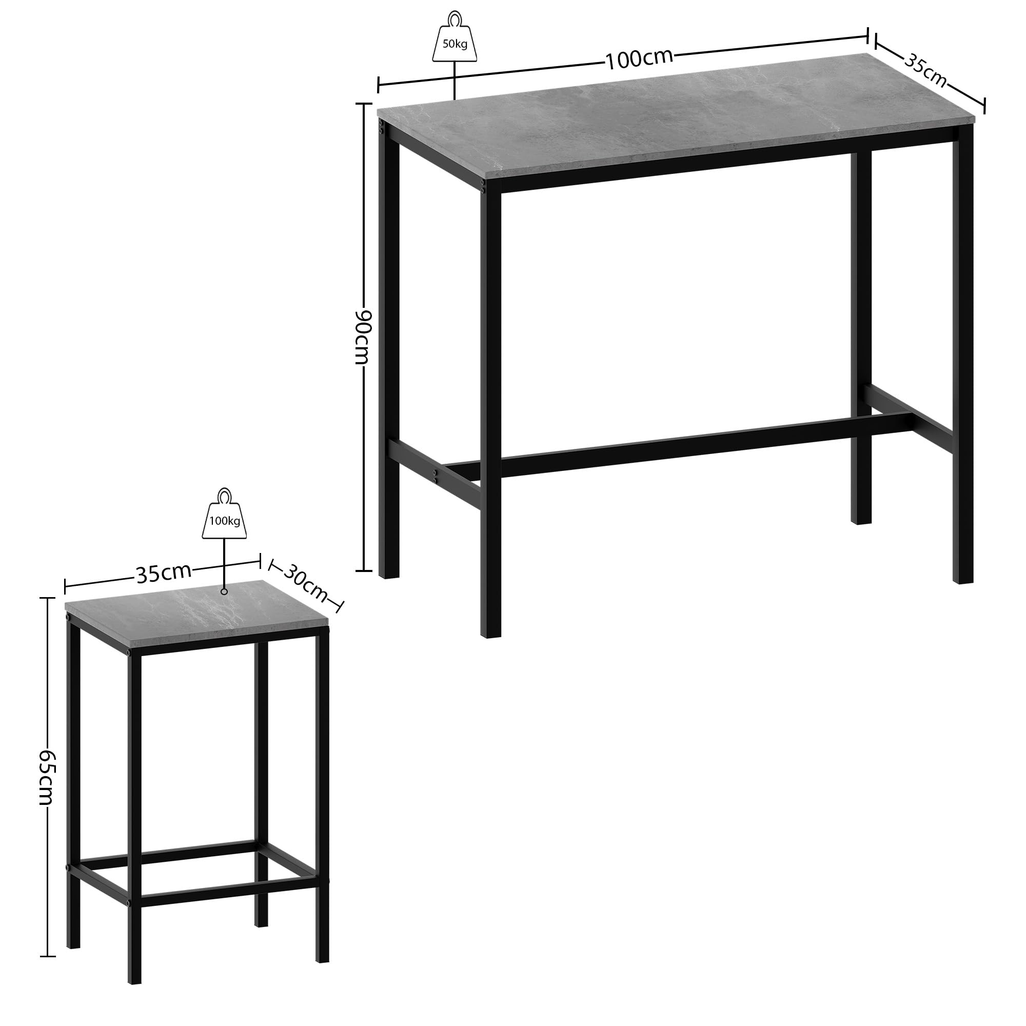 Vida Designs Roslyn - Set di tavolo da bar a 2 posti, con 2 sgabelli da bar, struttura in acciaio industriale (grigio cemento)