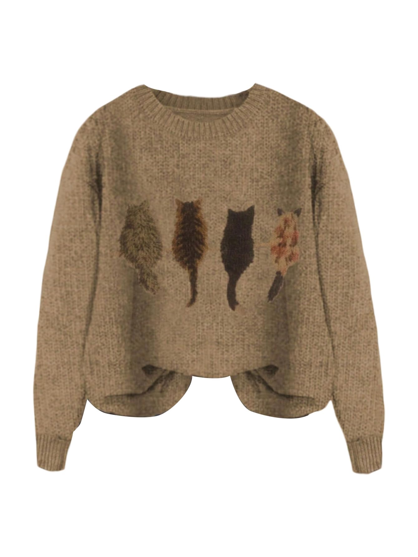 Women's Cat Graphic Sweater Long Sleeve Crew Neck Knit Tops Casual Knitwear-image-45