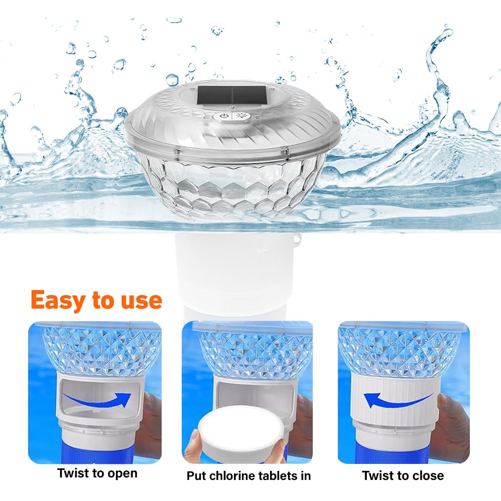 Distributeur de Chlore Flottant, Diffuseur Chlore Piscine avec Lumière Solaire LED, Contrôle par Bouton Flotteur Chlore Piscine pour Piscine Diffuseur Spa
