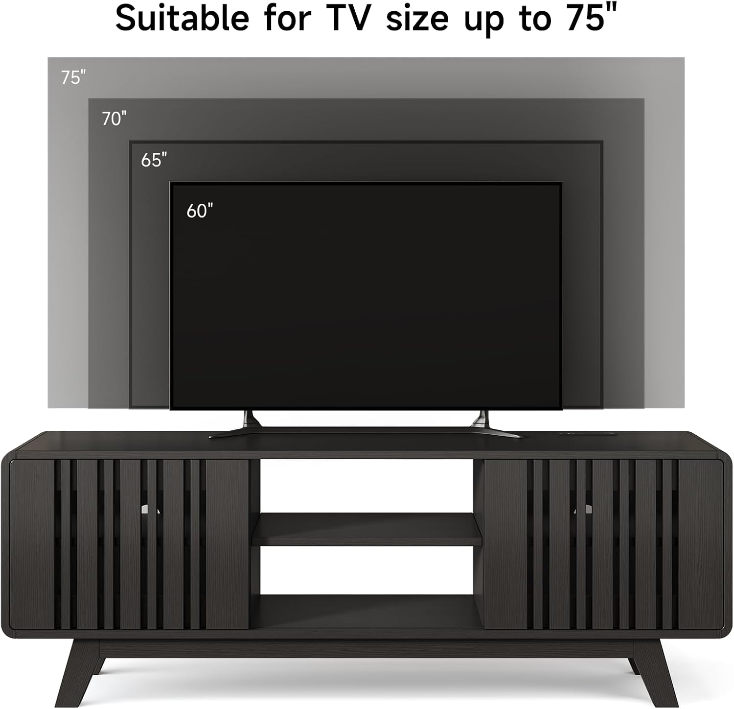 Diagram illustrating suitable TV sizes for the ONBRILL TV stand, up to 75 inches.