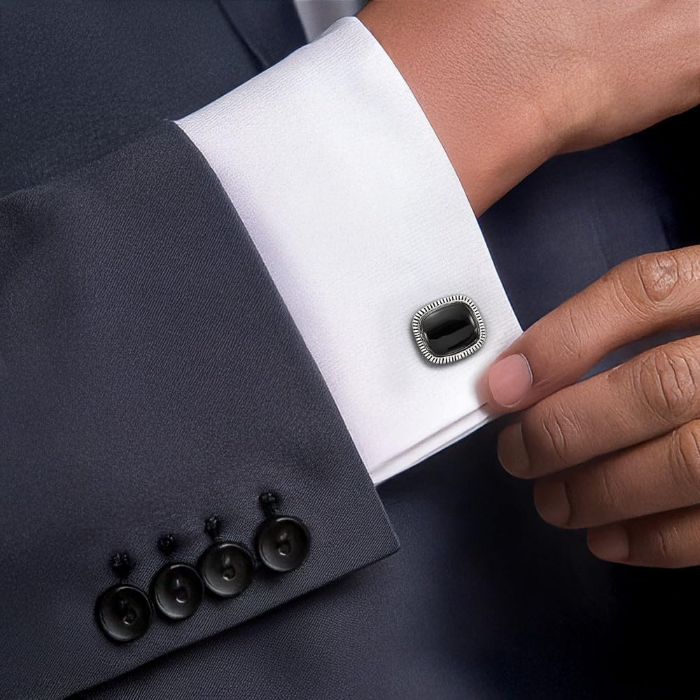 IceCarats 925 Sterling Silver Black Onyx Cuff Links Prong Set, Textured For Him