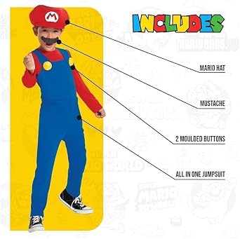 Disguise Nintendo Super Mario Mario Jumpsuit for Kids, Officially Licensed, Includes Mario Hat, Mario Fancy Dress for Kids, Jumpsuit and Moustache, Ages 3-4, 7-8