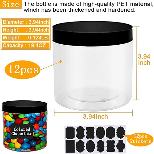 Miniatura 2 de LOSYHU Tarros de plástico de 19.4 onzas con tapas, paquete de 12 tarros grandes de plástico para limo, recipientes redondos transparentes con tapas