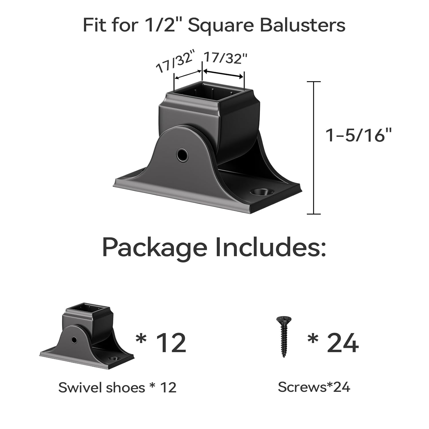 Iron Swivel Shoes - 12 Pack, 1/2" Square Iron Baluster Use, Satin Black