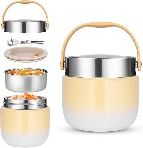 Termo para Comida 1200 ml Recipiente Térmico para Alimentos con Cuchara Plegable para Guardar Gachas,Sopa,Fruta,Yogur y Almuerzo (Amarillo)