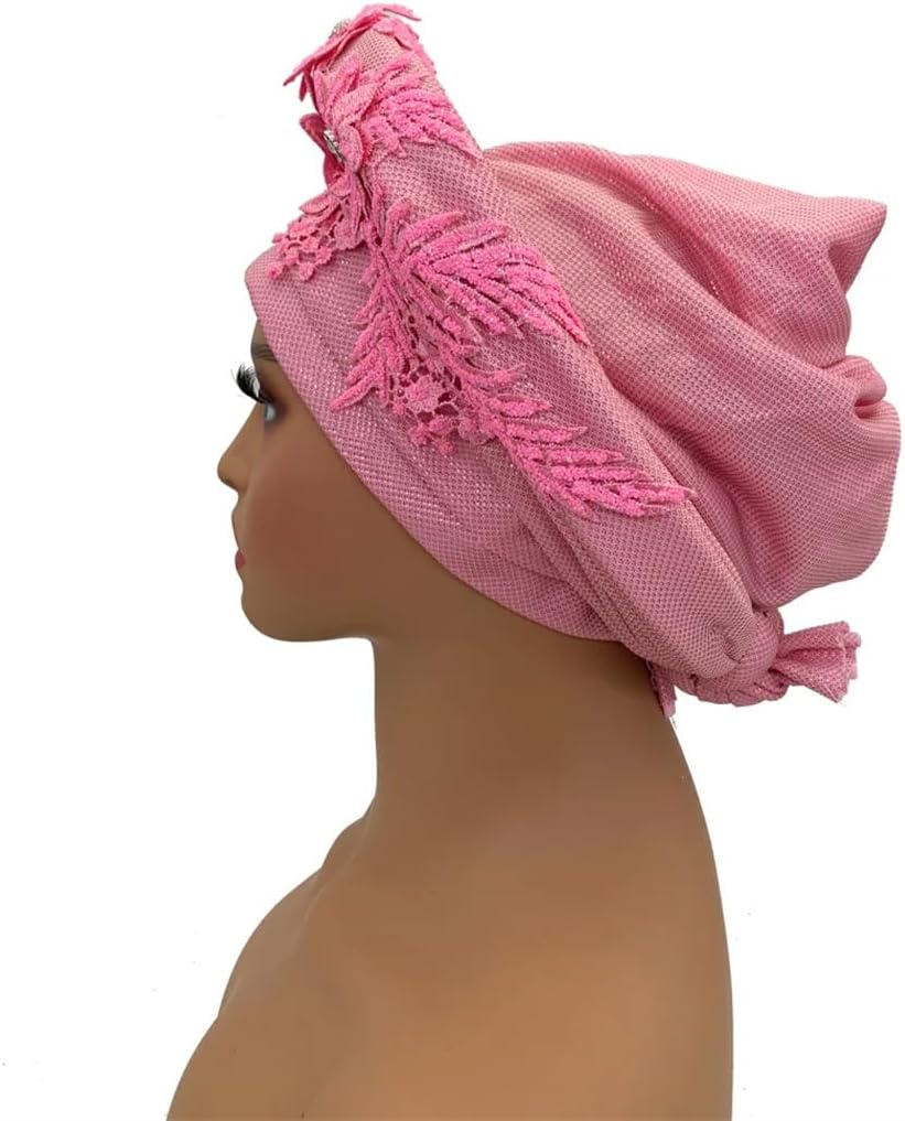 Elegant African Auto Gele Women's Turban Cap Nigeria Wedding Headtie With Embroidery Lace Party Headwear