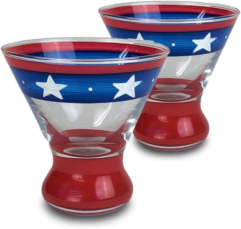 Hand Painted Cosmopolitan Glasses Set of 2 - Patriotic Collection - Hand Painted Glassware by USA Artists - Unique and Decorative Cosmos Glasses, July 4th Kitchen Table Décor