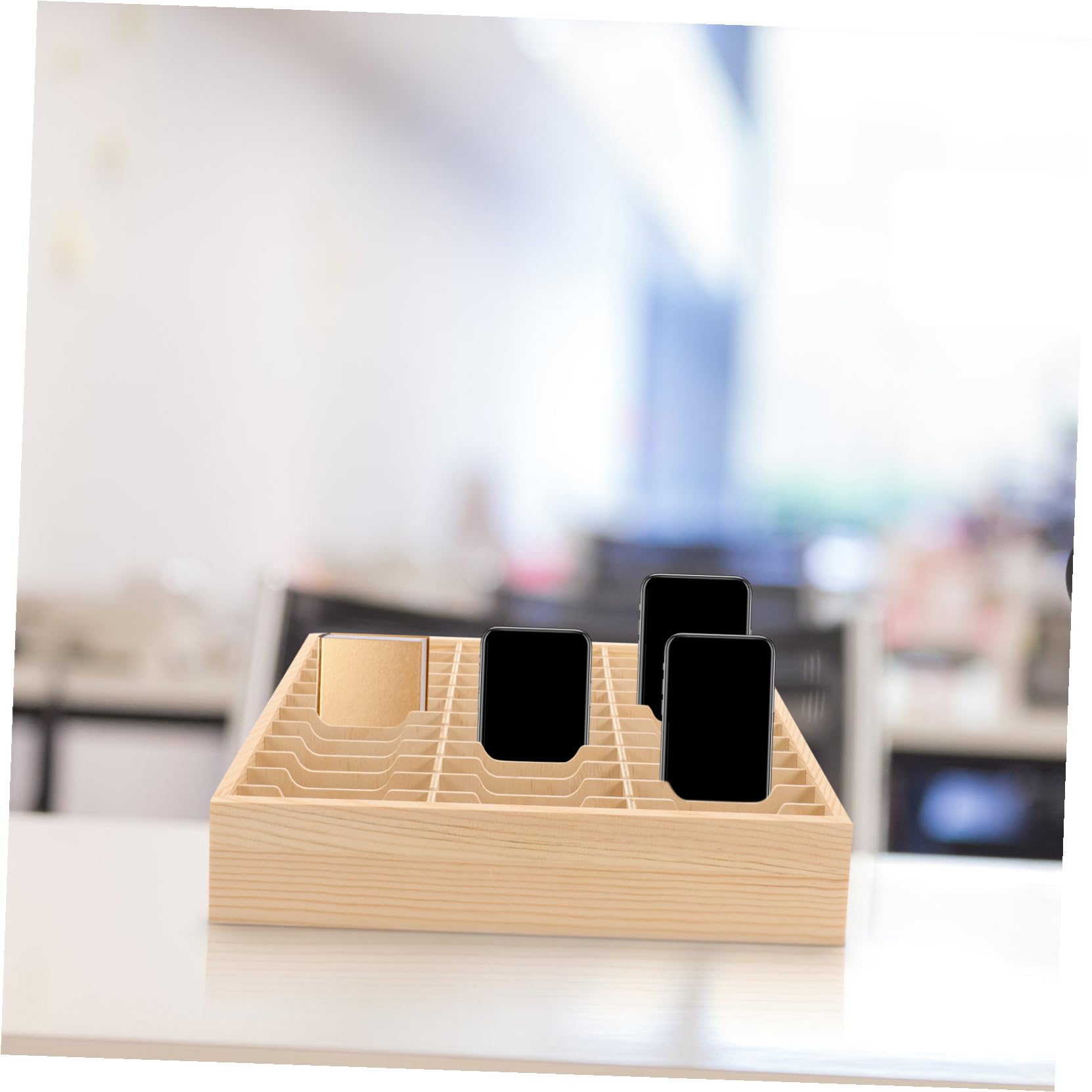 SOLUSTRE Caja Almacenamiento Teléfono Móvil de Madera con Múltiples Compartimentos Organizador de Escritorio Versátil para Oficina y Hogar Diseño Pulido y Resistente para Llaves y Objetos