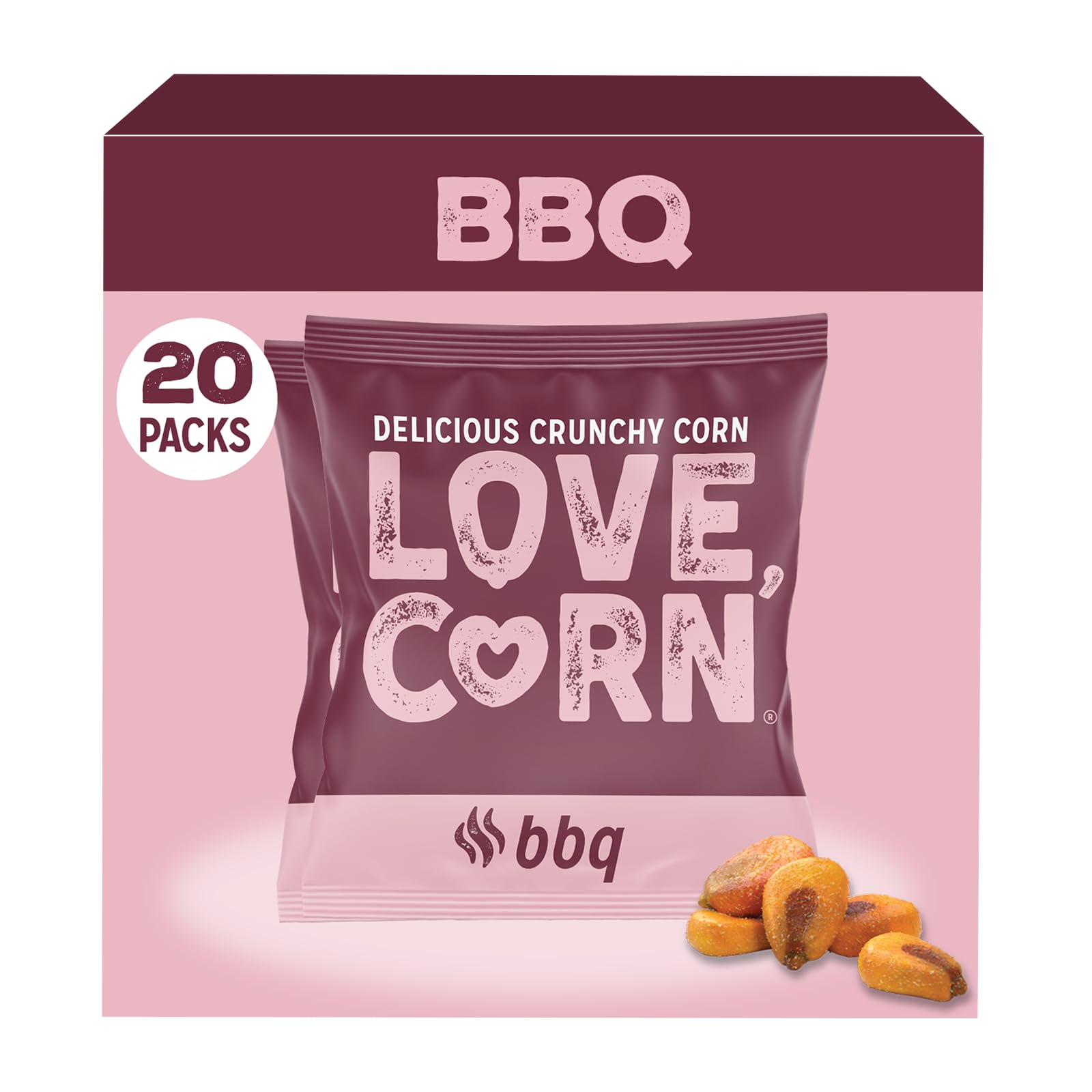 LOVE CORN BBQ 0.7oz x 20 Bags - Delicious Crunchy Corn - Healthy Family Snacks - Gluten Free, Kosher, NON-GMO - Alternative for Chips, Nuts, Crackers & Pretzels - Perfect for Charcuterie Boards