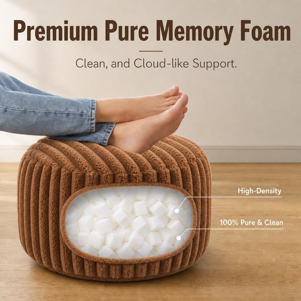 Stuffed Pouf Ottoman Soft Touch Poufs with Foam Chunk Filling Furry and Fluffy Detachable Pouf Foot Stool Storage Ottoman Floor Poufs Foot Rest for Living Room (Caramel, Round)