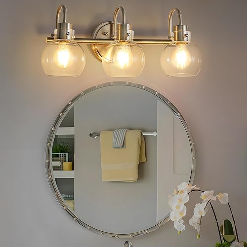 Miniatura 6 de Lámpara de tocador de 3 luces, lámparas de baño de níquel cepillado, apliques de pared de granja con pantalla de vidrio transparente de globo,