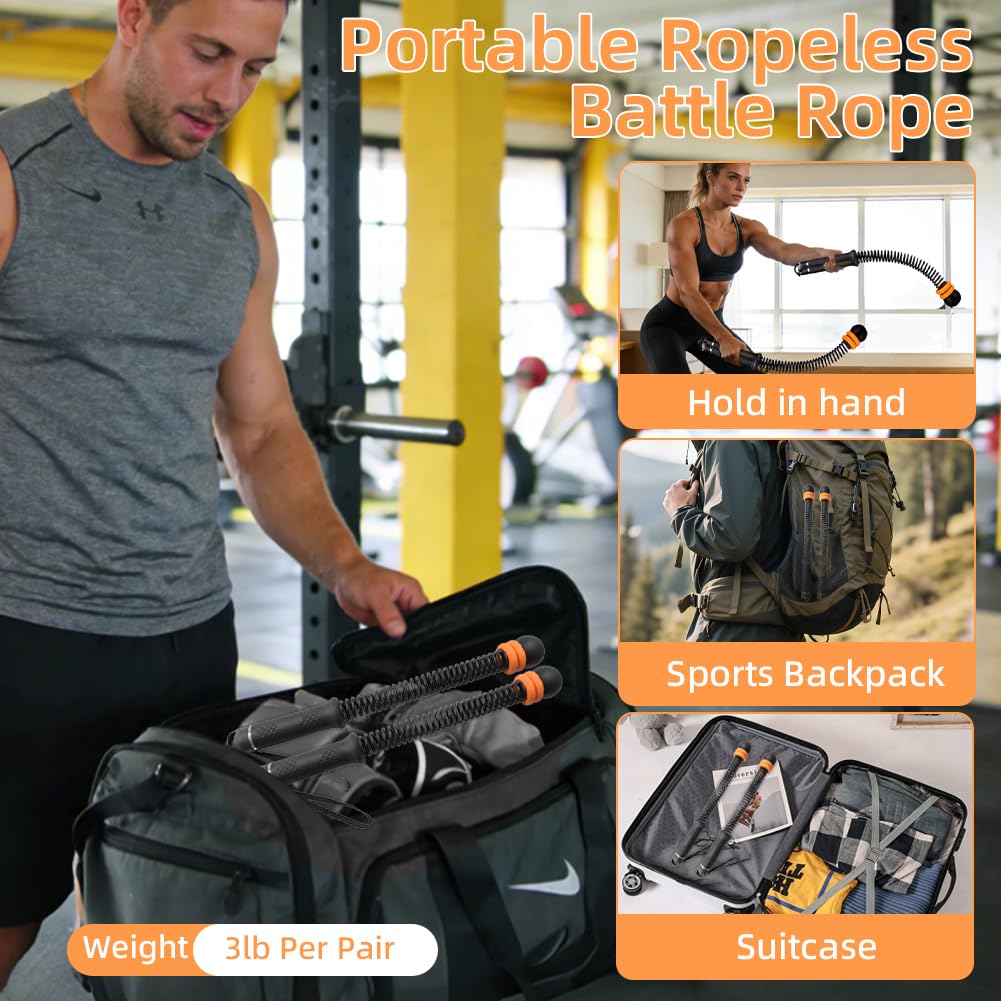 2 cuerdas de batalla sin cuerda para entrenamiento HIIT, cardio, fuerza y bajo impacto, equipo portátil de gimnasio en casa, mango antideslizante, cuerdas de batalla inalámbricas para hombres y