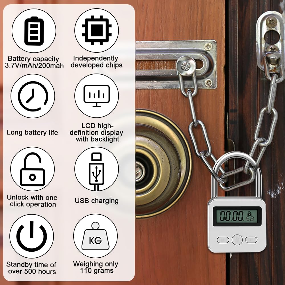 Lucchetto Smart Digitale Con Timer - Blocco Temporizzato USB Ricaricabile Fino A 99 Ore Per Telefono, Sigarette E Snack (Argento) - Foto 4