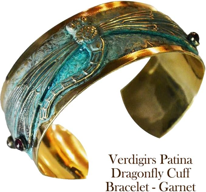 Elaine Coyne Collectible Artwear Verdigris Patina Solid Brass Decorative Dragonfly Cuff - Genuine Garnet - Image 8